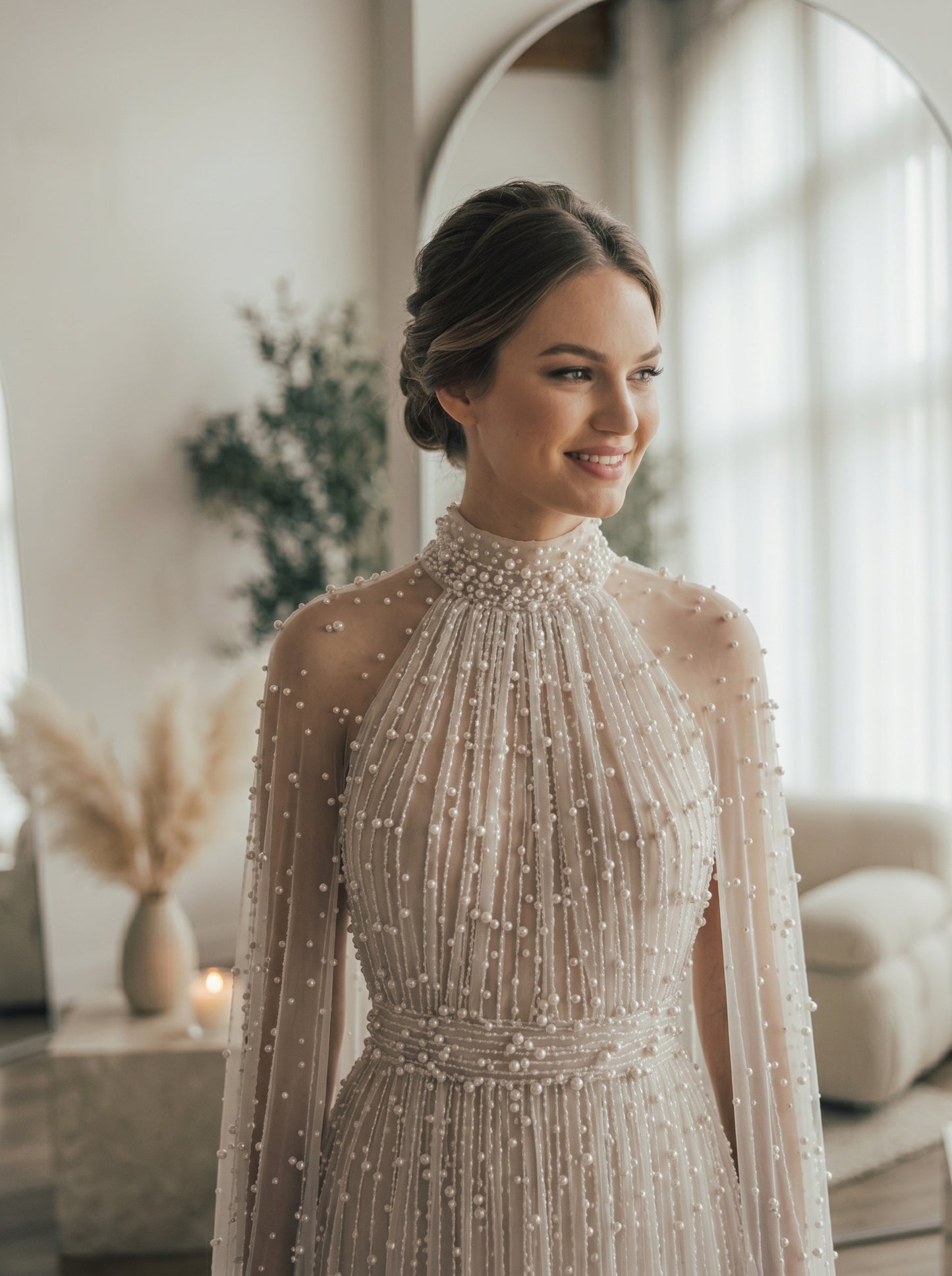 Ethereal Pearl Beaded Bridal Cape Dress - Halter Neck Open Back Wedding Reception Gown - Luxury Pearlcore Floor-Length Bridal Dress LUNA-X233