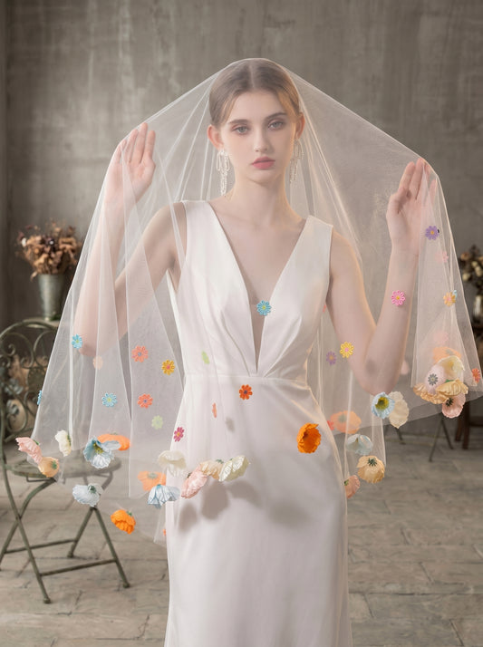 Whimsical Colorful 3D Wildflower Wedding Veil - Single Tier No-Comb Drop Veil, 2M Milk White Cottagecore Bridal Veil, Vibrant Floral Boho Headpiece LUNA-X83