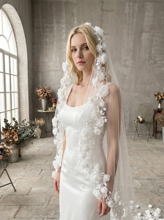 Ethereal White Floor Length Drop Veil - Minimalist Cut Edge Blusher Veil, Comb-Free Soft Tulle Wedding Veil LUNA-X23
