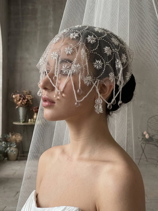 Vintage 1920s Juliet Cap Wedding Veil - Milk White Stiff Tulle Bridal Hair Cap, Luxurious Art Deco Pearl Starburst Headpiece with Teardrop Tassels LUNA-X88