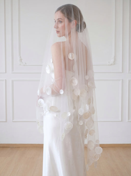 Ethereal Pure White Drop Veil - Minimalist Cut Edge Blusher Veil, Waist Length No Comb Bridal Veil LUNA-X10