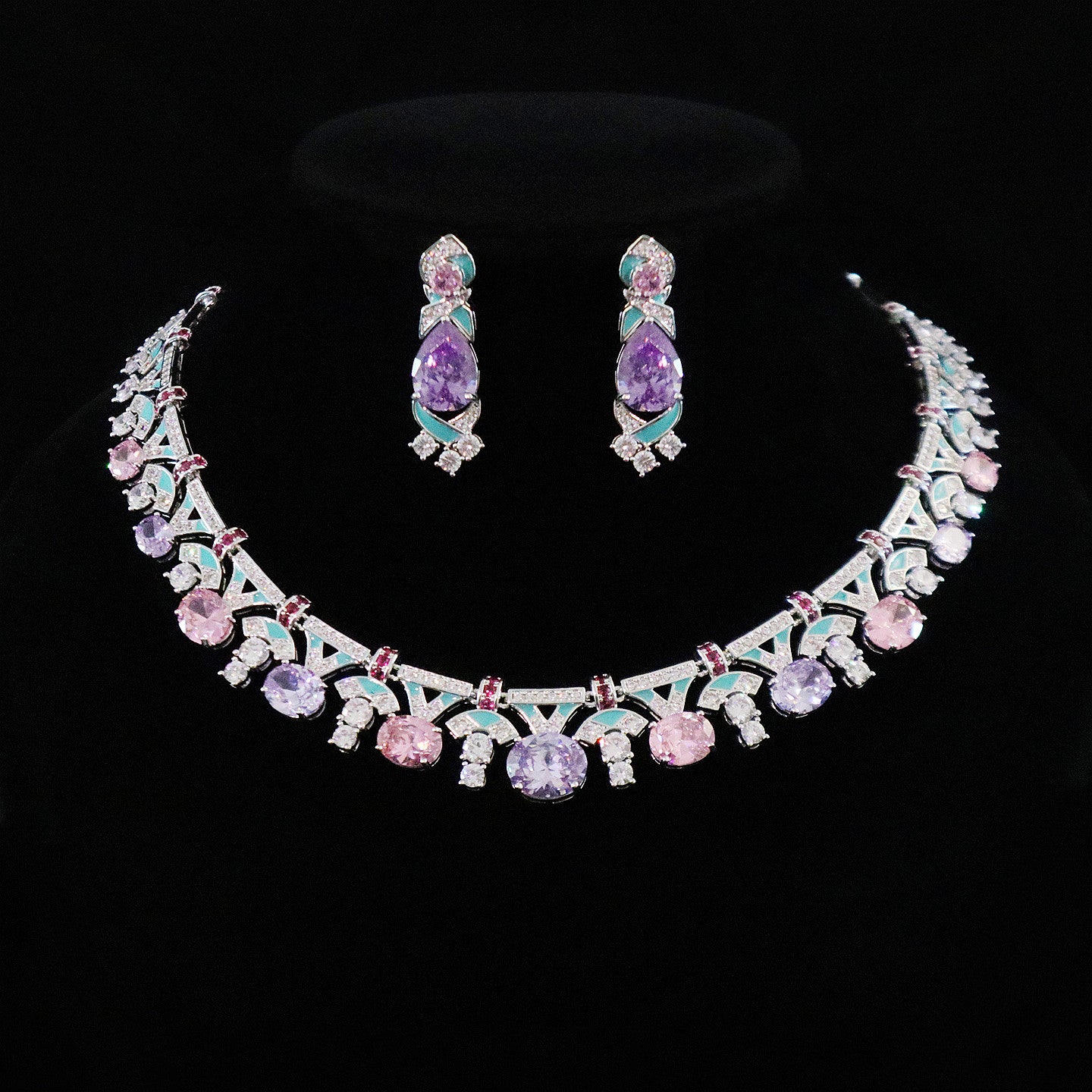 "Palace Garden Palette" Vintage Geometric Jewelry Set, Radiant Pastel Ombre Gemstone Cascade Fringe Necklace & Royal Drop Earrings Duo LUNA-X164