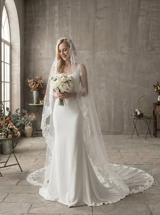 Luxury Cathedral Lace Wedding Veil - 3m/4m Romantic Floral Lace Applique Veil, Comb-Free Vintage Bridal Veil LUNA-X26