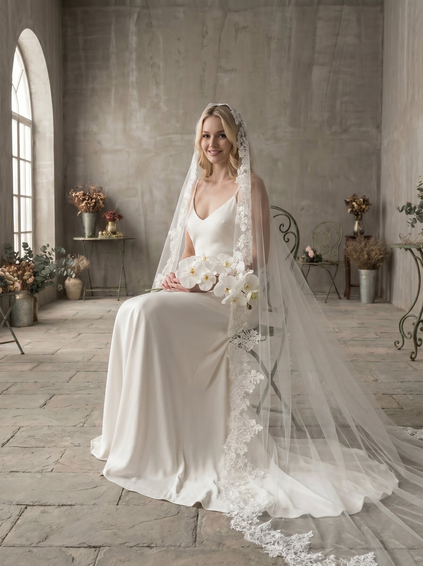 Luxury Cathedral Lace Wedding Veil - 3m/4m Romantic Floral Lace Applique Veil, Comb-Free Vintage Bridal Veil LUNA-X26