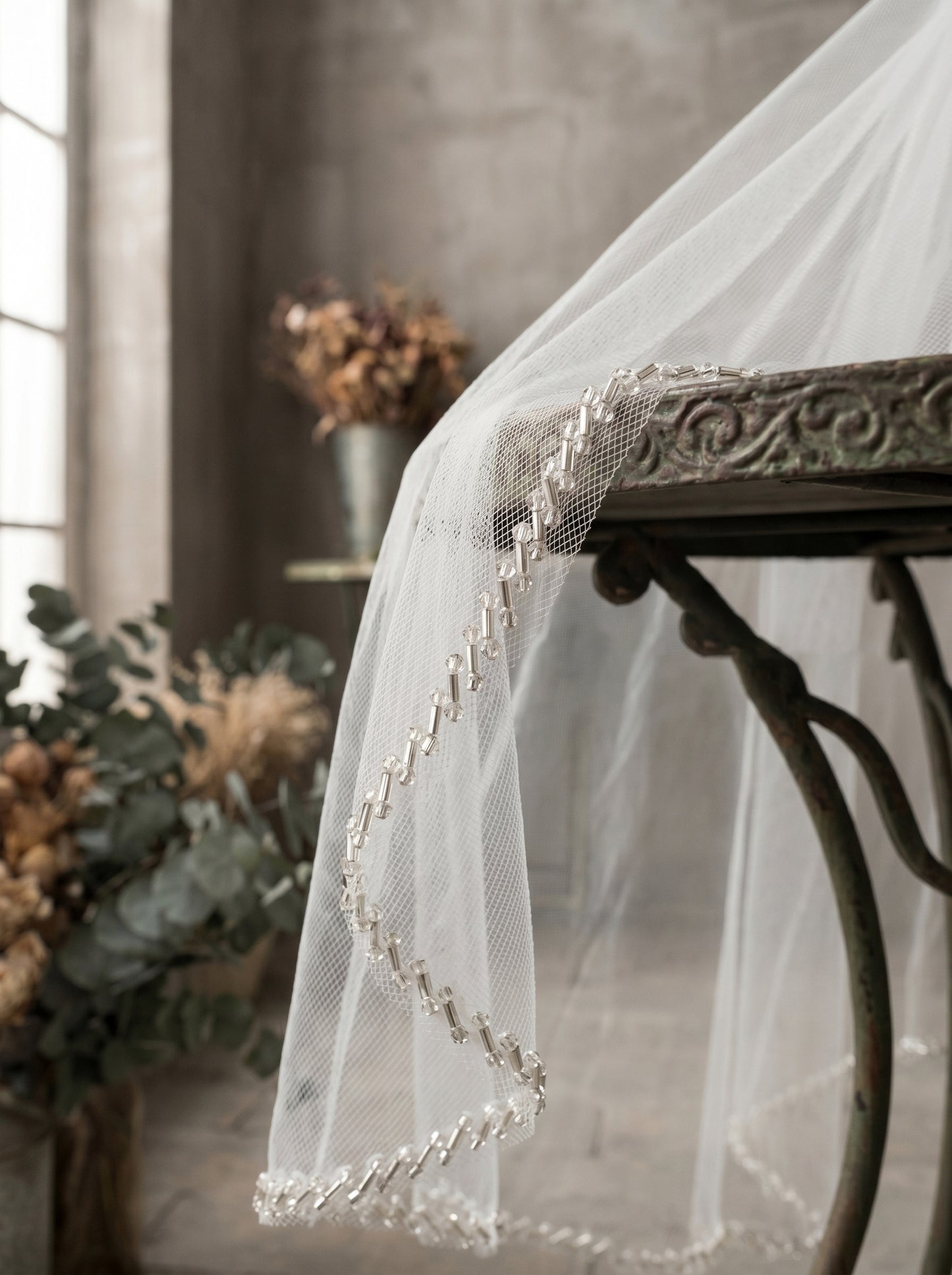 Classic Fingertip Beaded Wedding Veil with Comb - 2 Tier Milk White Swiss Tulle Drop Veil, Delicate Seed Bead Wire-Edge Bridal Blusher, 60cm/90cm LUNA-X85