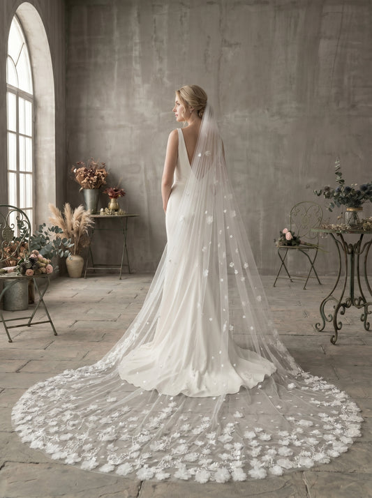 Grand 138" Single-Layer Botanical Embroidered Veil - 350cmx300cm Panoramic Cascading 3D Petals Wedding Veil, Modern Romantic Bridal Train Headpiece LUNA-X78
