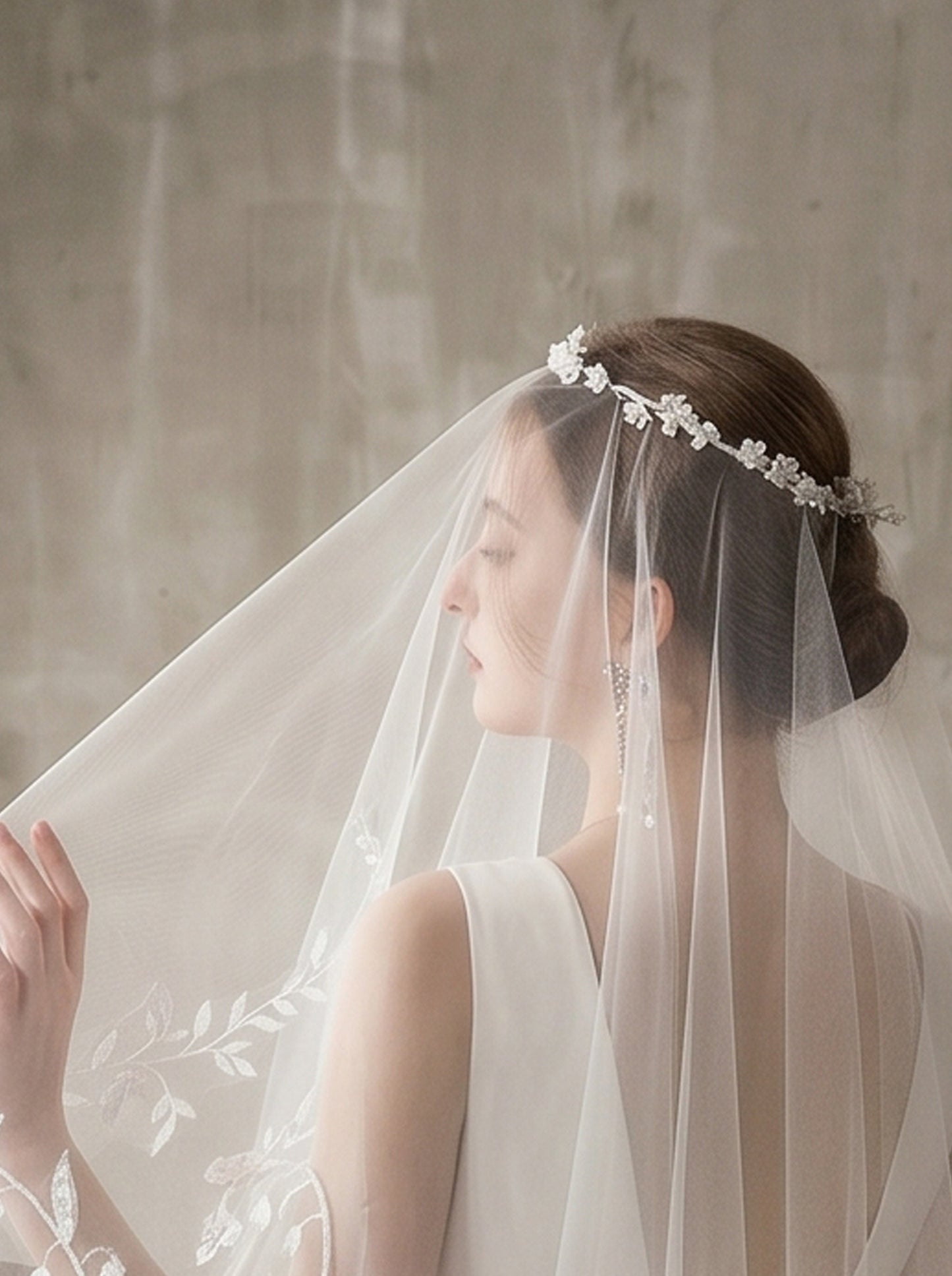 Two Tier Milk White Wedding Veil with Flower Wreath Tiara, Front 70cm Back 125cm Drop Veil for Bride, Embroidered Botanical Leaf Flounce Blusher LUNA-X84