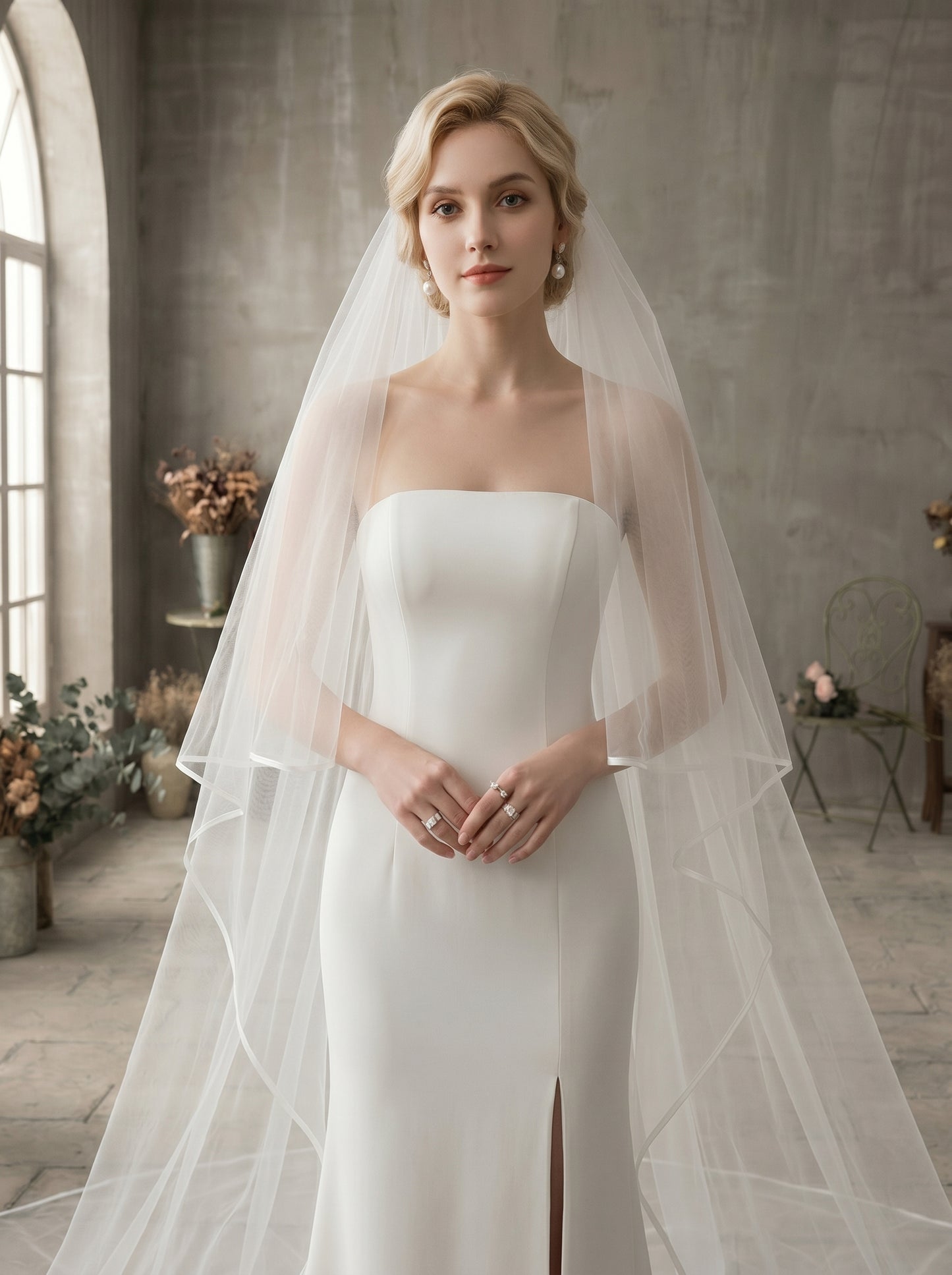 Luxury 2-Tier Structured Cathedral Veil with Blusher - Milk White Crisp Illusion Tulle Wedding Veil with Comb, High-Volume Satin Ribbon Edge Bridal Veil LUNA-X75