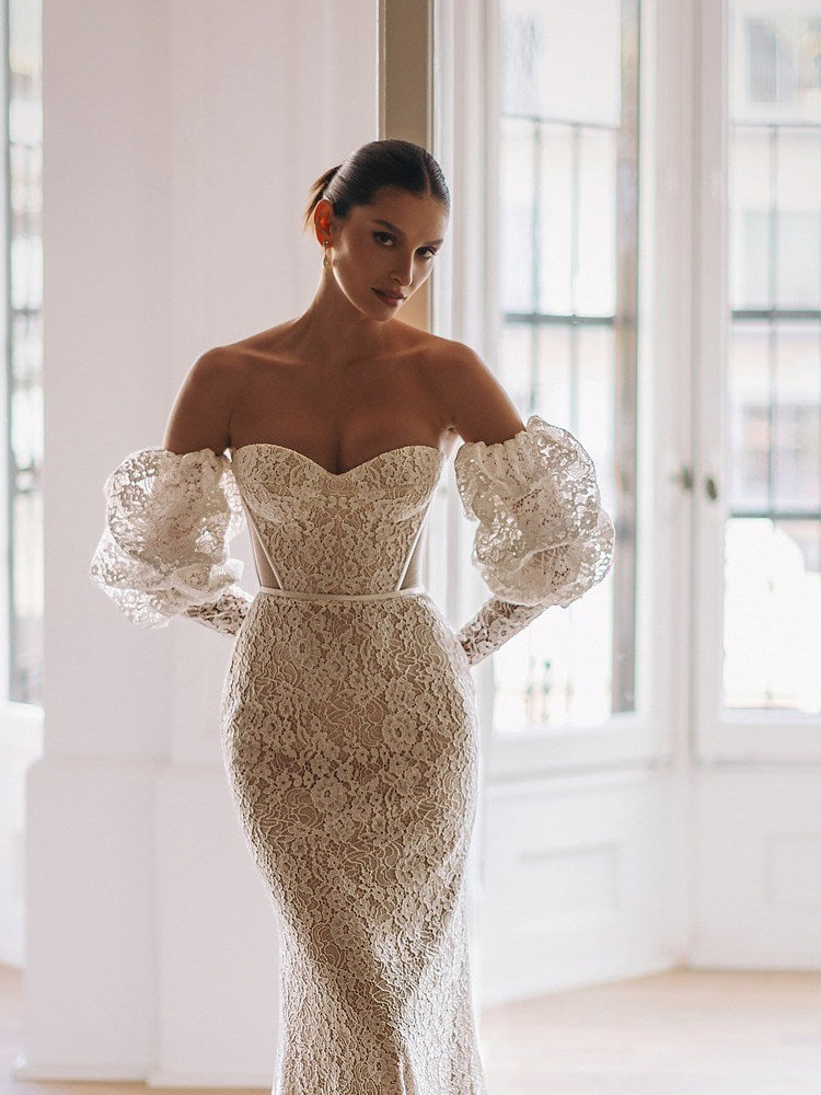 Detachable Lace Bridal Puff Sleeves - 55cm Vintage Victorian Wedding Gloves - Statement Fingerless Eyelash Lace Arms Cuffs with Elastic Top LUNA-X322