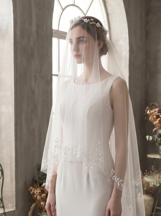 Two Tier Milk White Wedding Veil with Flower Wreath Tiara, Front 70cm Back 125cm Drop Veil for Bride, Embroidered Botanical Leaf Flounce Blusher LUNA-X84