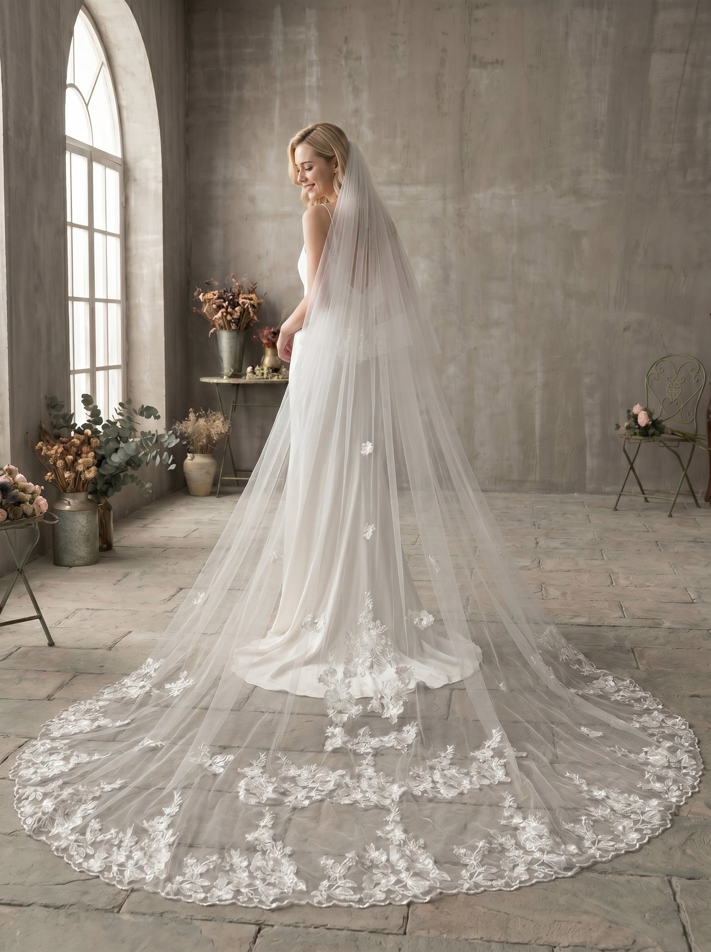 Classic Two-Tier Cathedral Wedding Veil - 106" Luxurious Soft Tulle Veil with 31" Blusher & Secure Metal Comb LUNA-X28