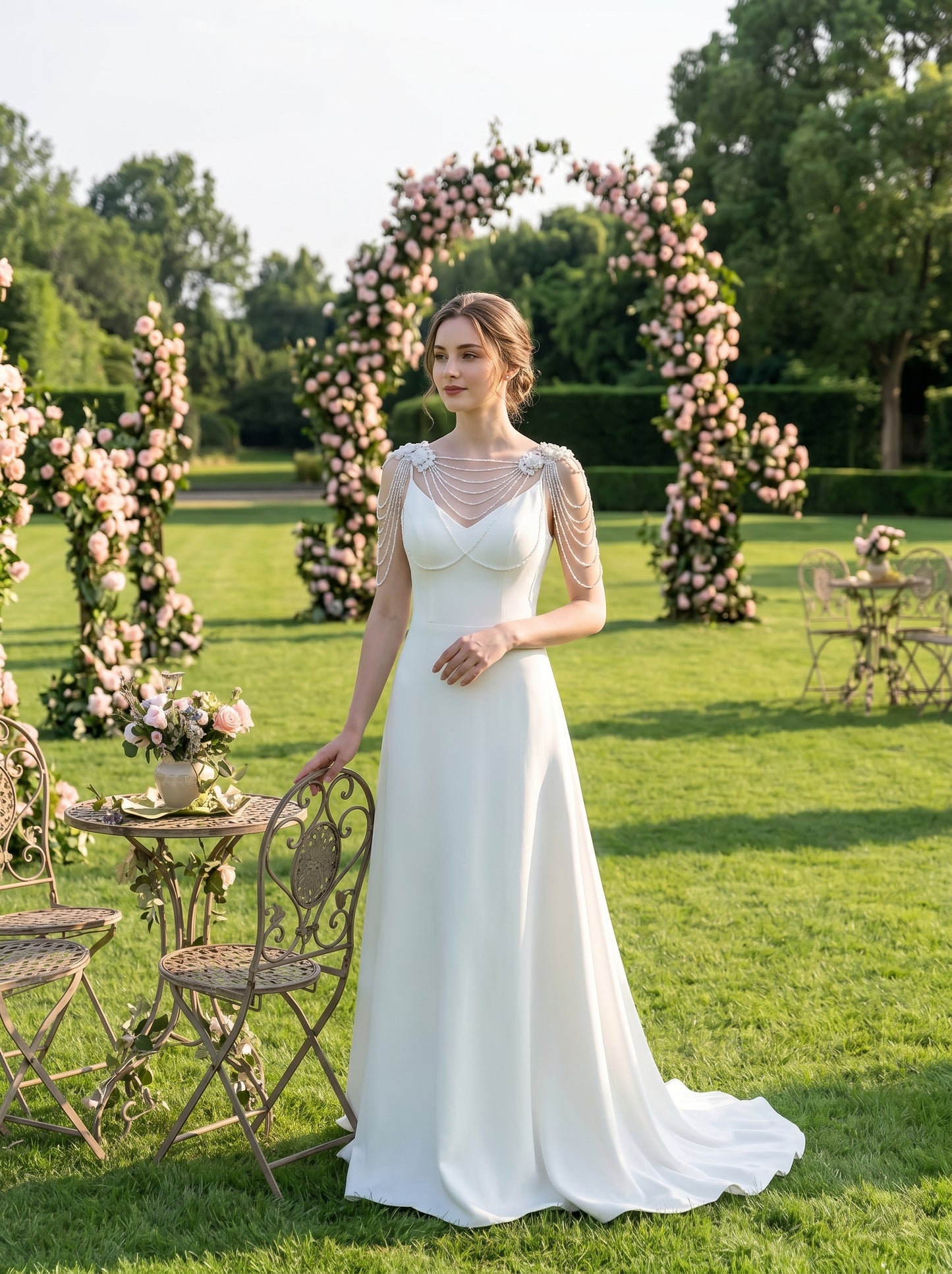 Luxury Pearl Bridal Shoulder Necklace - Beaded Wedding Body Chain Cape with Crystals and Floral Appliques for Strapless Dress LUNA-X227