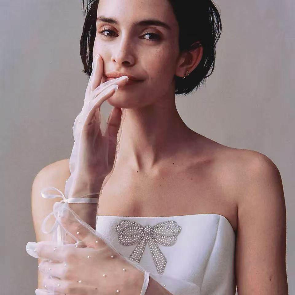 Coquette Pearl Bridal Gloves - 35cm Mid-Length Sheer Mesh Wedding Gloves with Ribbon Bow - Balletcore Romantic Ivory Tulle Prom Mittens LUNA-X324