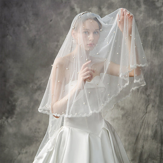 Luxury 2-Tier Pearl Fingertip Veil with Blusher - Milk White Swiss Soft Tulle Wedding Veil with Scalloped Lace Border & Metal Comb LUNA-X102