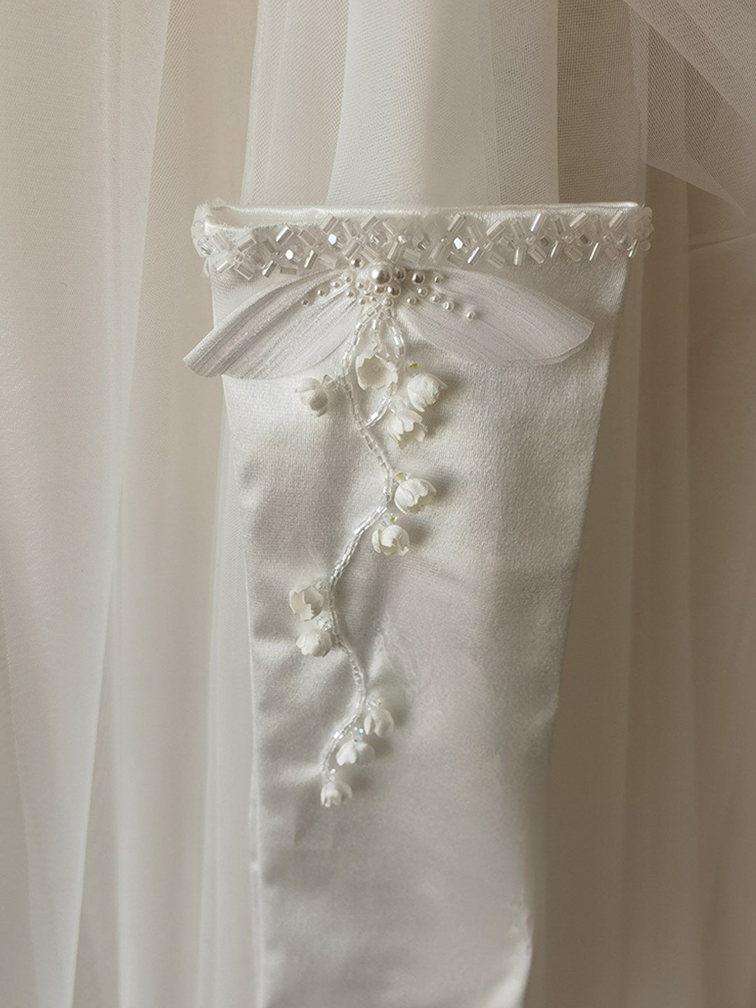 Lily of the Valley Satin Bridal Gloves - Hand-Beaded Pearl Floral Wedding Gloves - Vintage Pleated Ruffle Edge Prom & Evening Mittens (38cm/28cm) LUNA-X320