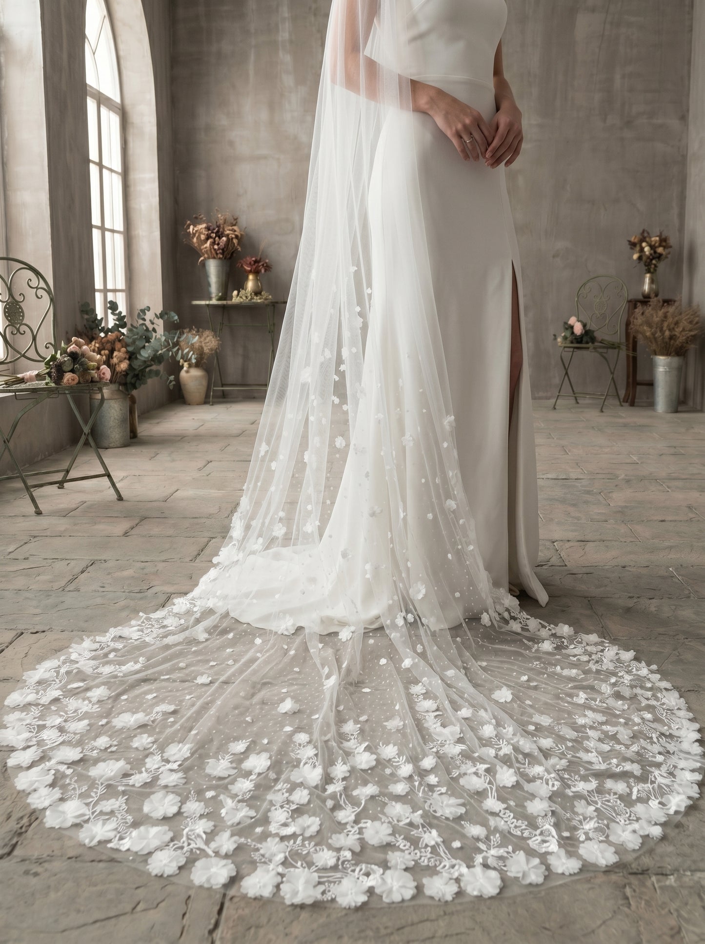 Grand 138" Single-Layer Botanical Embroidered Veil - 350cmx300cm Panoramic Cascading 3D Petals Wedding Veil, Modern Romantic Bridal Train Headpiece LUNA-X78