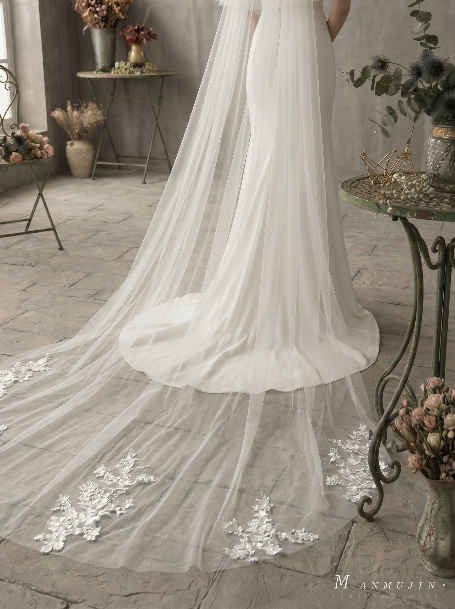 Luxury 2-Tier Cathedral Veil with Blusher - Milk White Swiss Tulle Wedding Veil with Comb, Medallion Lace Applique Bride Headpiece LUNA-X66