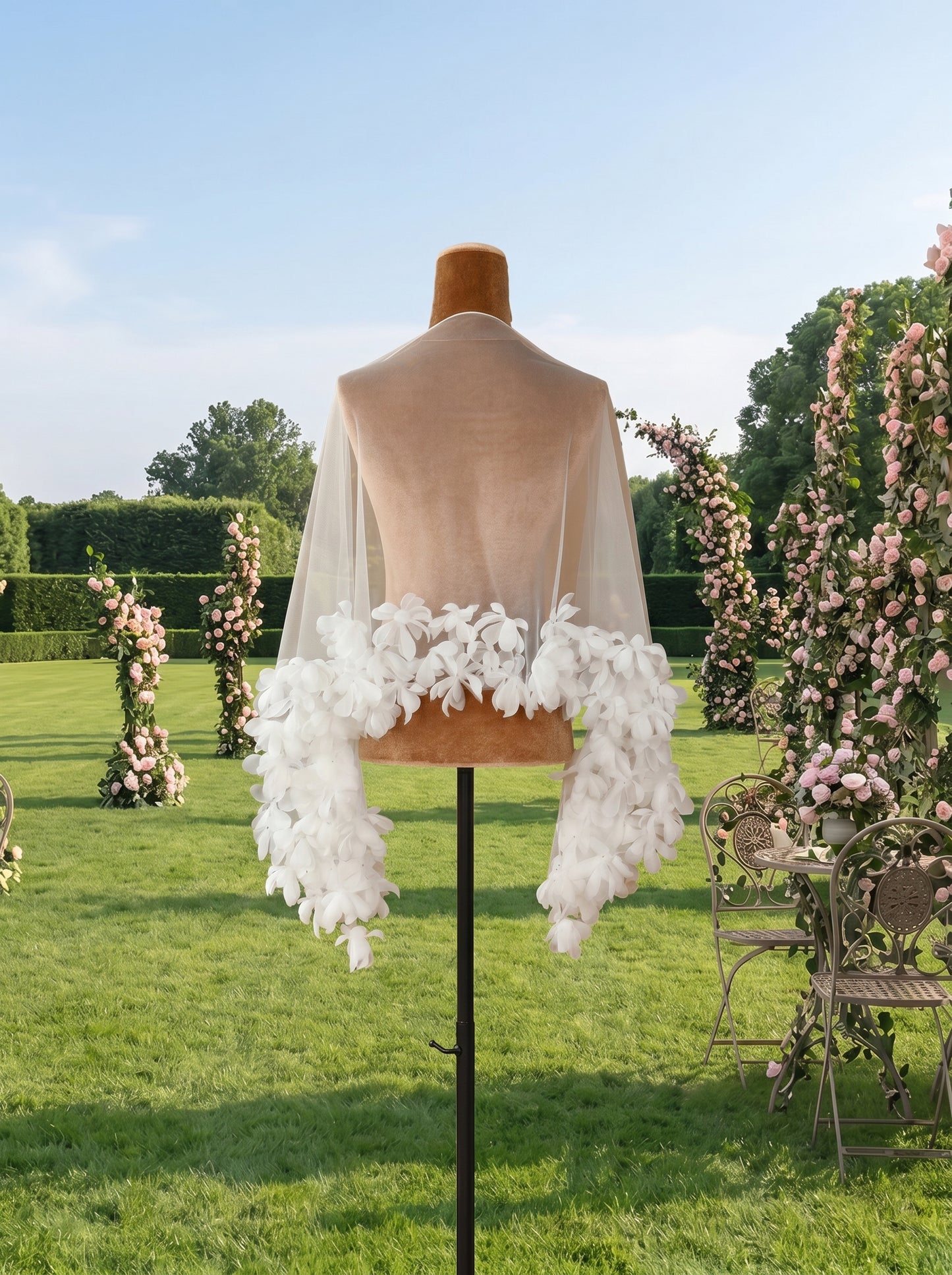 Romantic 3D Floral Applique Bridal Shawl - 160cm Illusion Mesh Wedding Capelet Lightweight Flower Border Cover Up LUNA-X228