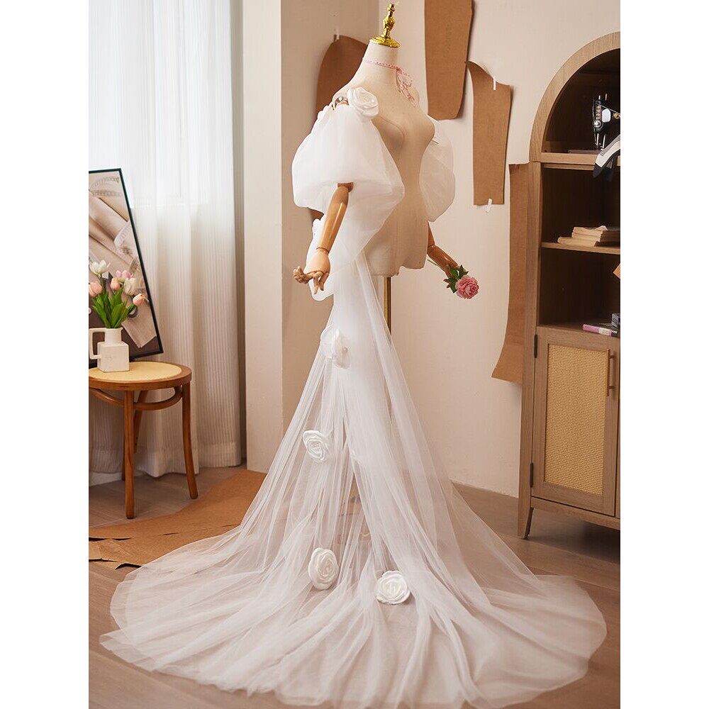 Romantic 3D Rose Bridal Cape Veil - Dramatic Puff Sleeve Wedding Capelet - Luxury Satin Floral Cathedral Train Shawl LUNA-X234