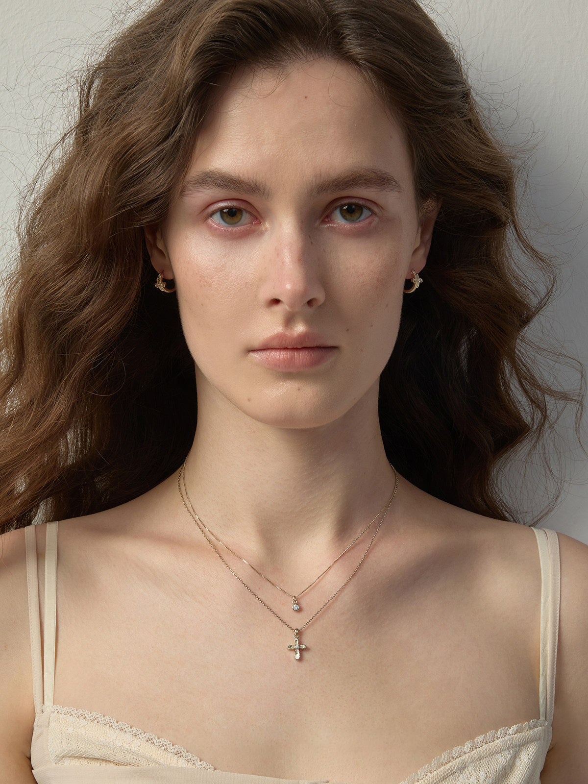 Two Layer Textured Cross & Single CZ Bezel Pendant Necklace, Dainty Stackable Adjustable Chain for Women LUNA-X254
