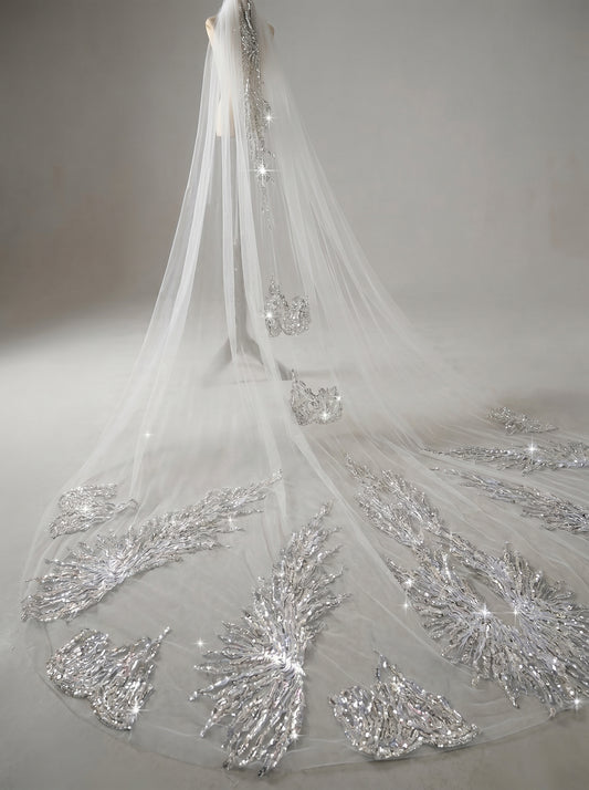 Luxury Regal Cathedral Wedding Veil - 138"/150" Sparkly Sequin & Beaded Floral Embroidery Veil with Secure Comb LUNA-X16