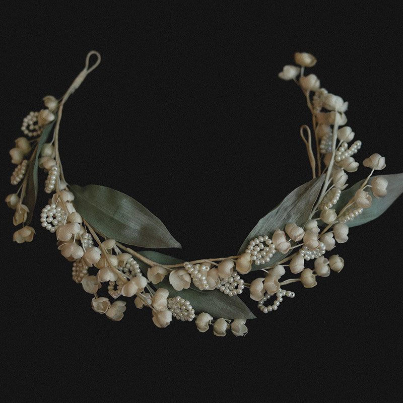 Vintage Lily of the Valley Bridal Headpiece Romantic Pearl and Silk Leaf Wedding Hair Vine Handmade Fairy Floral Tiara LUNA-X109