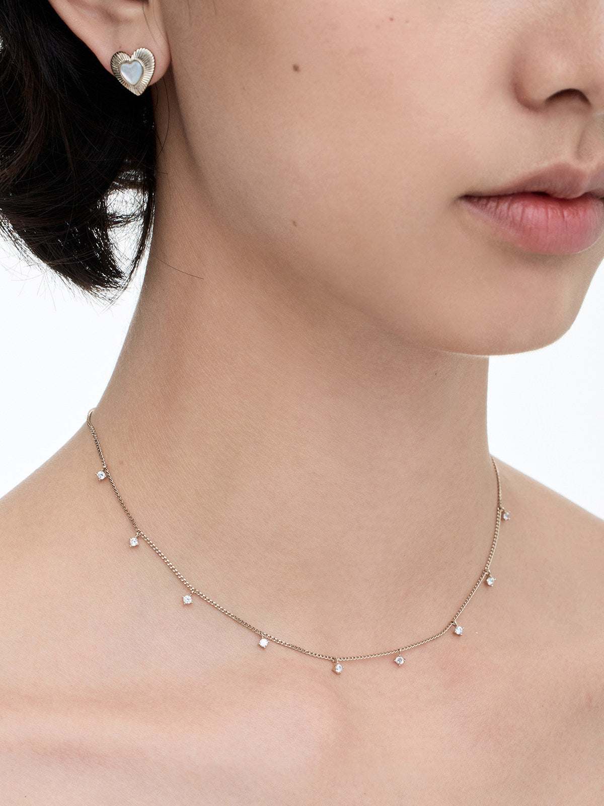 Two-Layer Star CZ & Sunburst Heart Mother of Pearl Pendant Necklace, Pale Titanium Gold Stackable Adjustable Chain for Women LUNA-X255