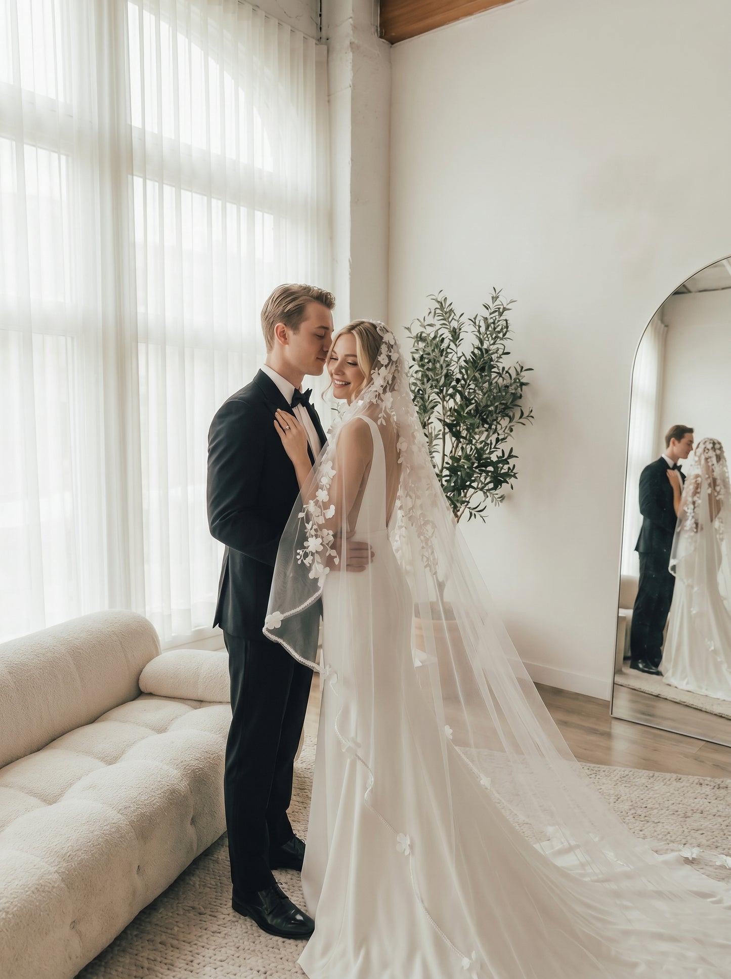 The Anti-Bride Minimalist Cathedral Veil - 3m Sleek One Layer Wedding Veil, Comb-Free High-Fashion Sheer Bridal Draping LUNA-X48