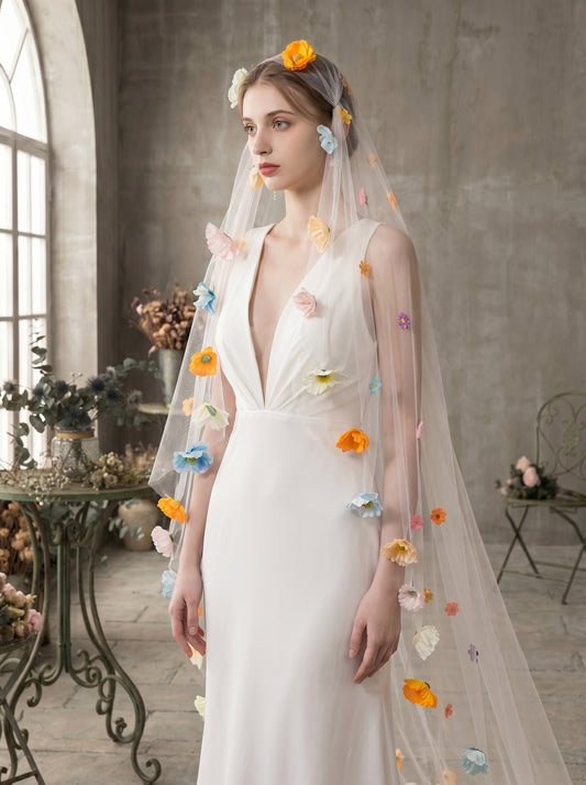 Whimsical Colorful 3D Wildflower Wedding Veil - Single Tier No-Comb Drop Veil, 2M Milk White Cottagecore Bridal Veil, Vibrant Floral Boho Headpiece LUNA-X83