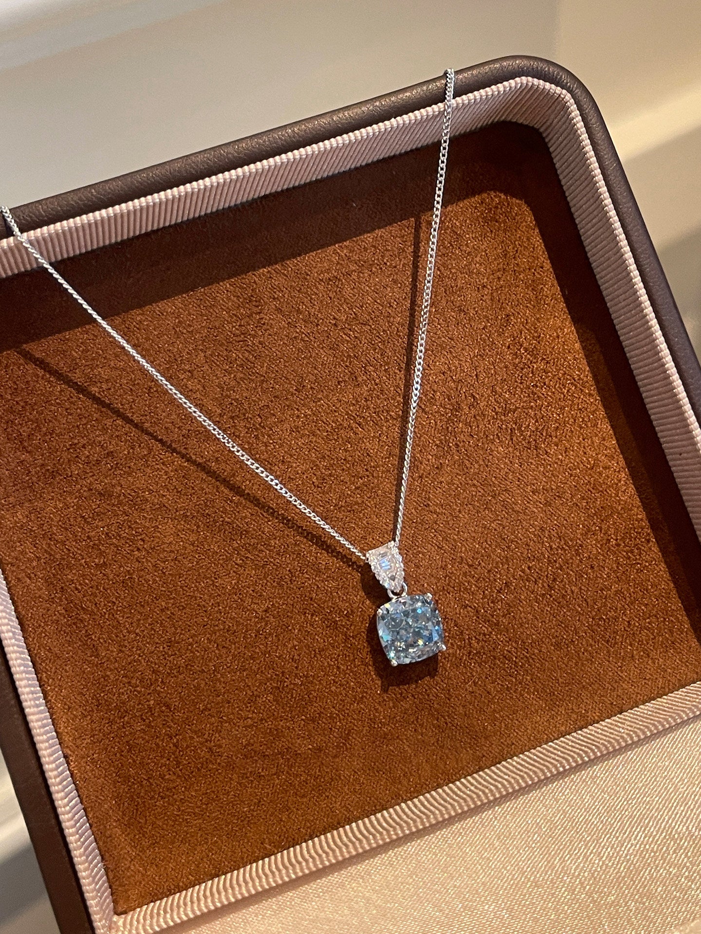 Square Aquamarine Blue Cubic Zirconia Pendant Necklace S925 Sterling Silver Dainty Thin Chain Women Wedding Daily Jewelry Gift LUNA-X236