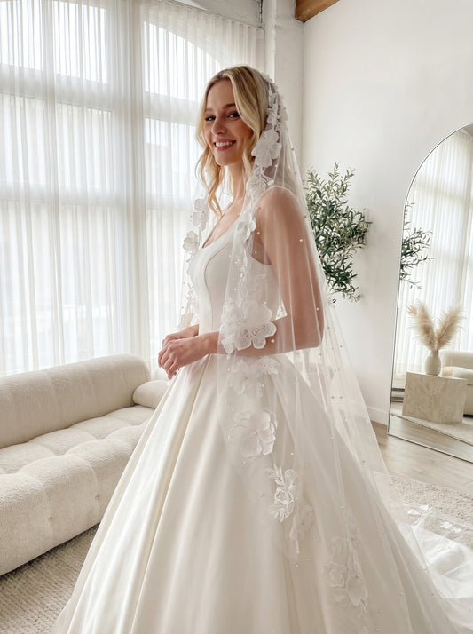 Romantic Flower Cathedral Wedding Veil - 2m x 3m Single Layer Floral Bridal Veil, Comb-Free Ethereal 3D Blossom Veil LUNA-X37