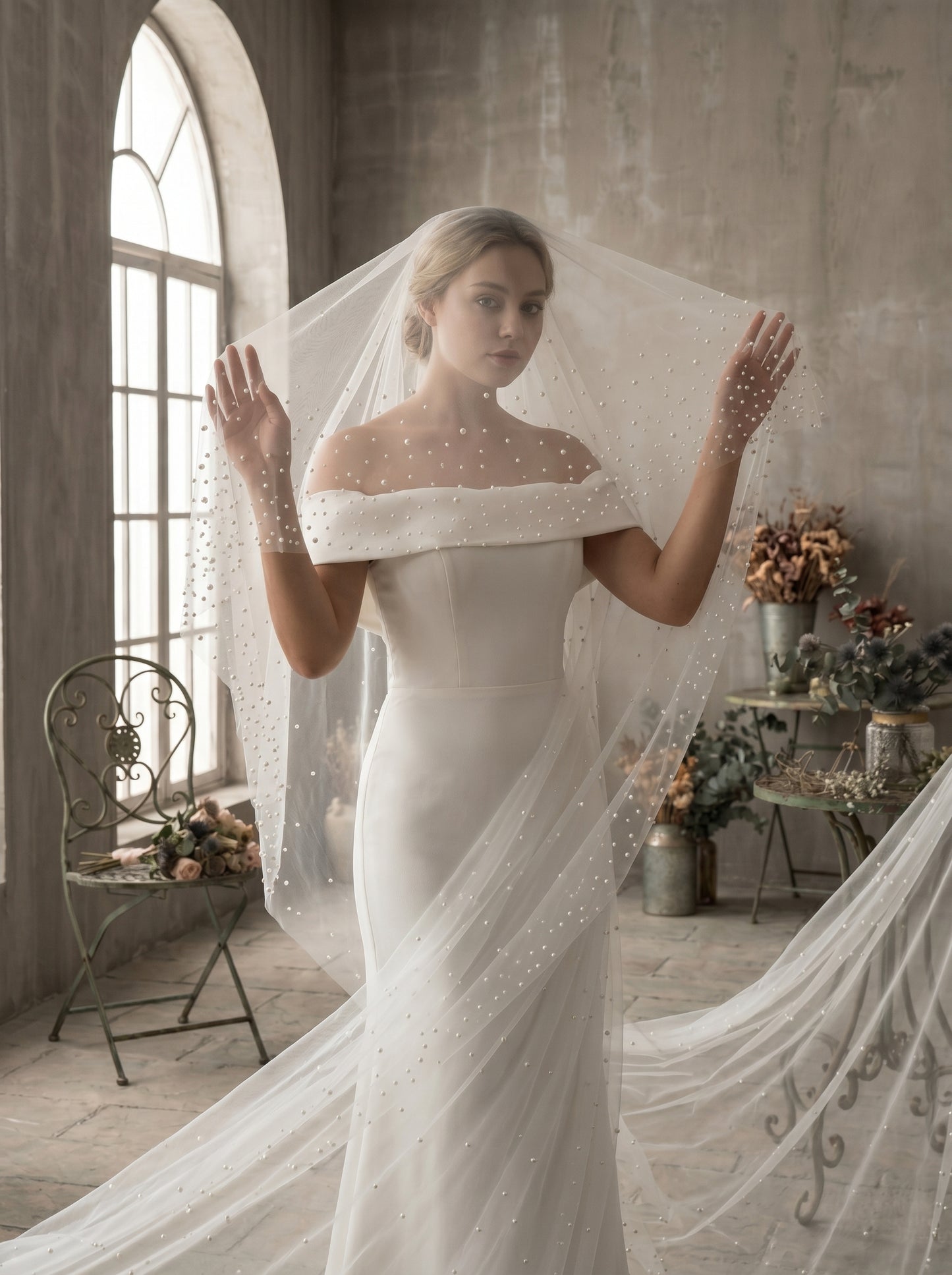3M No Comb Pearl Wedding Veil, 118" Long 63" Wide Single Tier Cathedral Veil, Milk White Soft Netting Blusher Veil with Scattered Pearls LUNA-X92