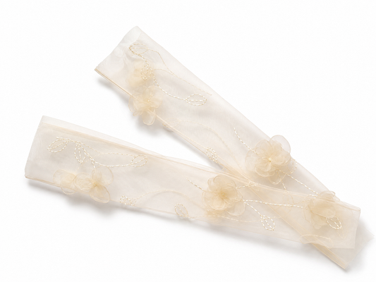 Dreamy 3D Organza Flower Bridal Sleeves, 56cm Light Beige Sheer Tulle Fingerless Gloves with Hand-Beaded Vines for Romantic Bride LUNA-X177