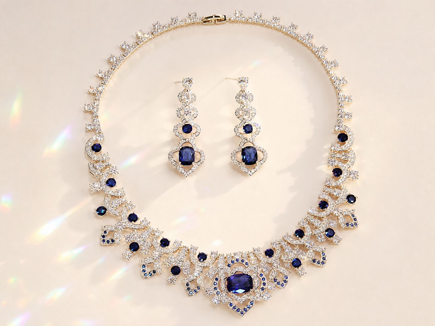 Vintage Baroque Sapphire Blue Wedding Jewelry Set, Radiant CZ Cluster Necklace & Dangle Stud Earrings Gift Set for Bride & Gala LUNA-X174