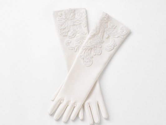 Ivory Satin Long Bridal Gloves with Delicate Embroidery | Vintage French Style Wedding Accessories (38cm) LUNA-X187