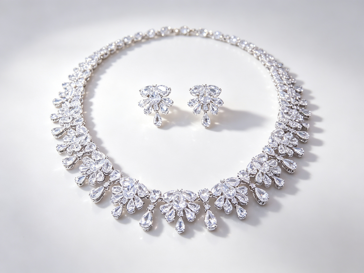 Elegant Leaf-Design Cubic Zirconia Bridal Necklace & Earring Set – K White Gold Plated LUNA-X144