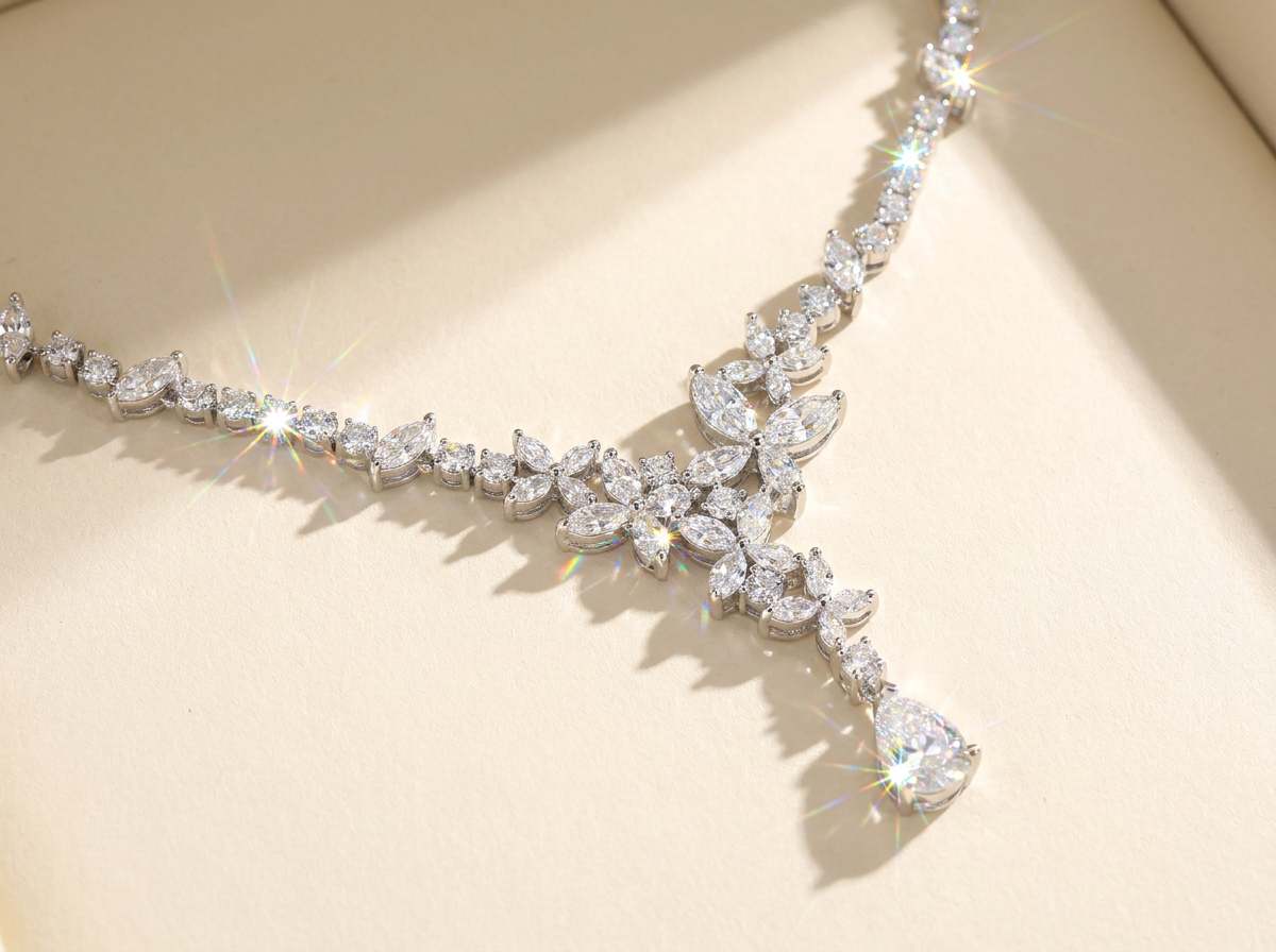 "Morning Dew" Delicate V Gold Floral Choker, Sparkling Marquise Crystal Vine Necklace with Teardrop Pendant for Bride & Gala LUNA-X172