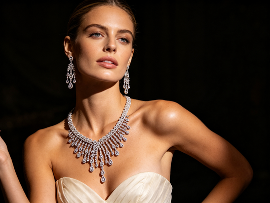 Luxury Full Zircon Fringe Necklace & Earring Set - Handmade Precision Prong Setting AAA Zircon Bridal Jewelry (46cm)LUNA-X150