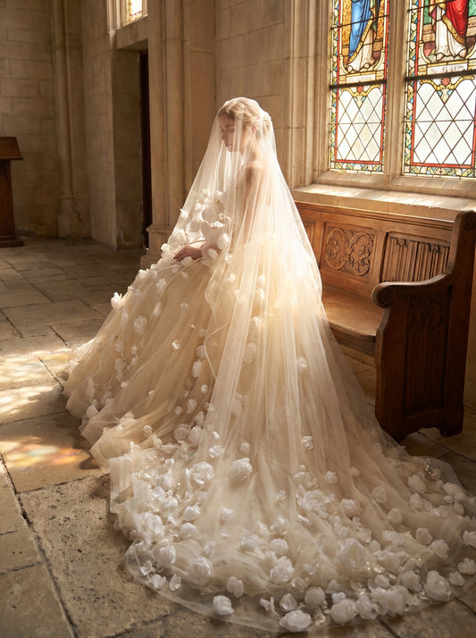 Grand Cathedral Wedding Veil - 118" Extra Wide Tulle with Majestic Royal Lace Appliqués and Secure Metal Comb LUNA-X01
