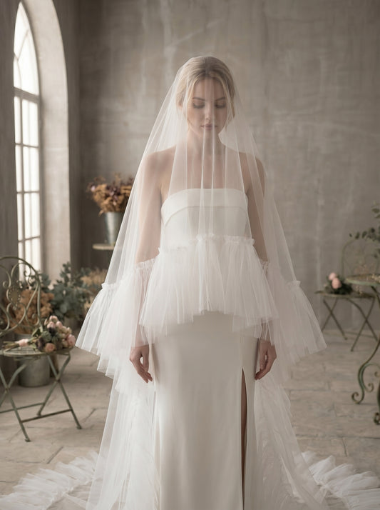Luxury 2-Tier Ruffle Chapel Veil with Blusher - Milk White Soft Tulle Fluffy Frill Edge Wedding Veil, Voluminous Romantic Bride Headpiece LUNA-X70