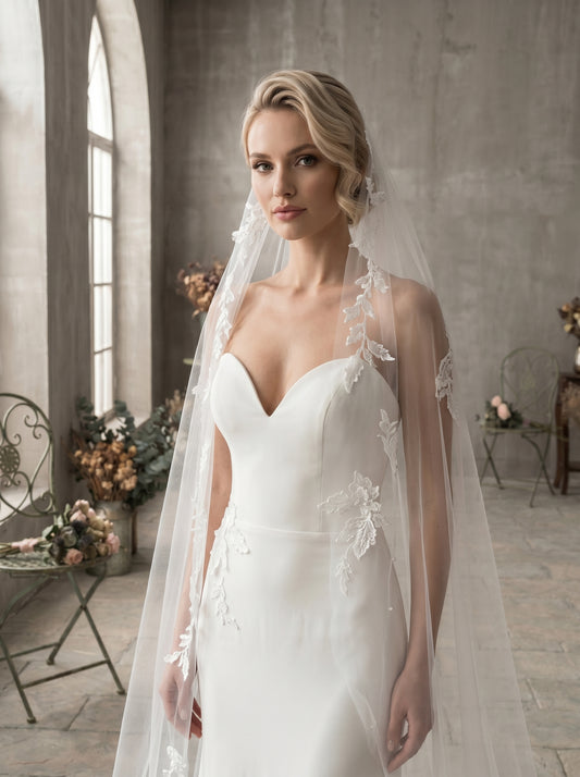 Milk White Lace Juliet Cap Veil with Comb, Single Tier 98" x 94" Wide Soft Netting Bridal Veil, Embroidered Vine Leaf Mantilla Veil LUNA-X95