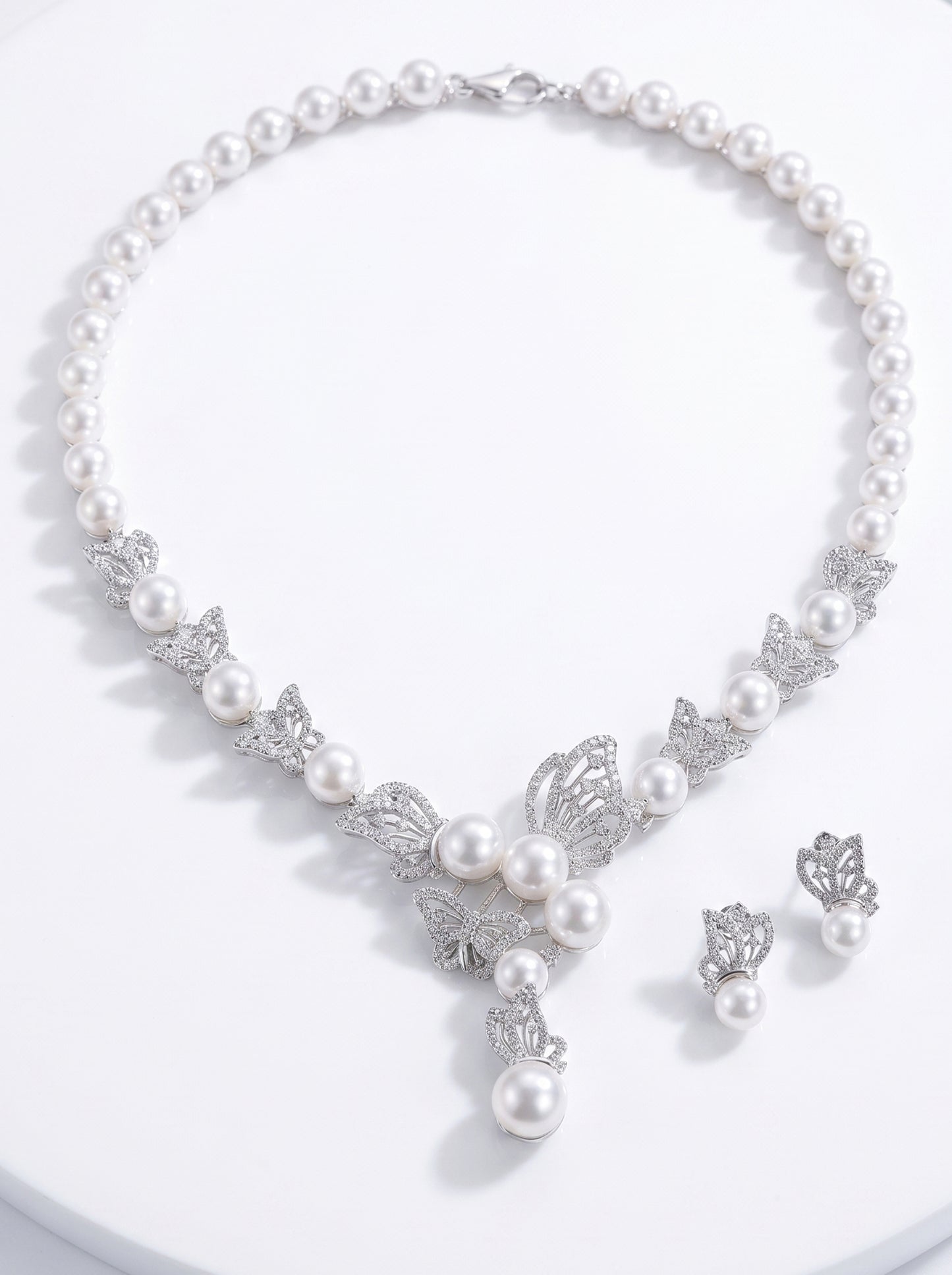 Luxury Butterfly Pearl Bridal Jewelry Set - Elegant Hollow Crystal Marquise Choker Necklace and Drop Earrings - Romantic Wedding Gala Banquet Pearls Two-Piece Set LUNA-X133