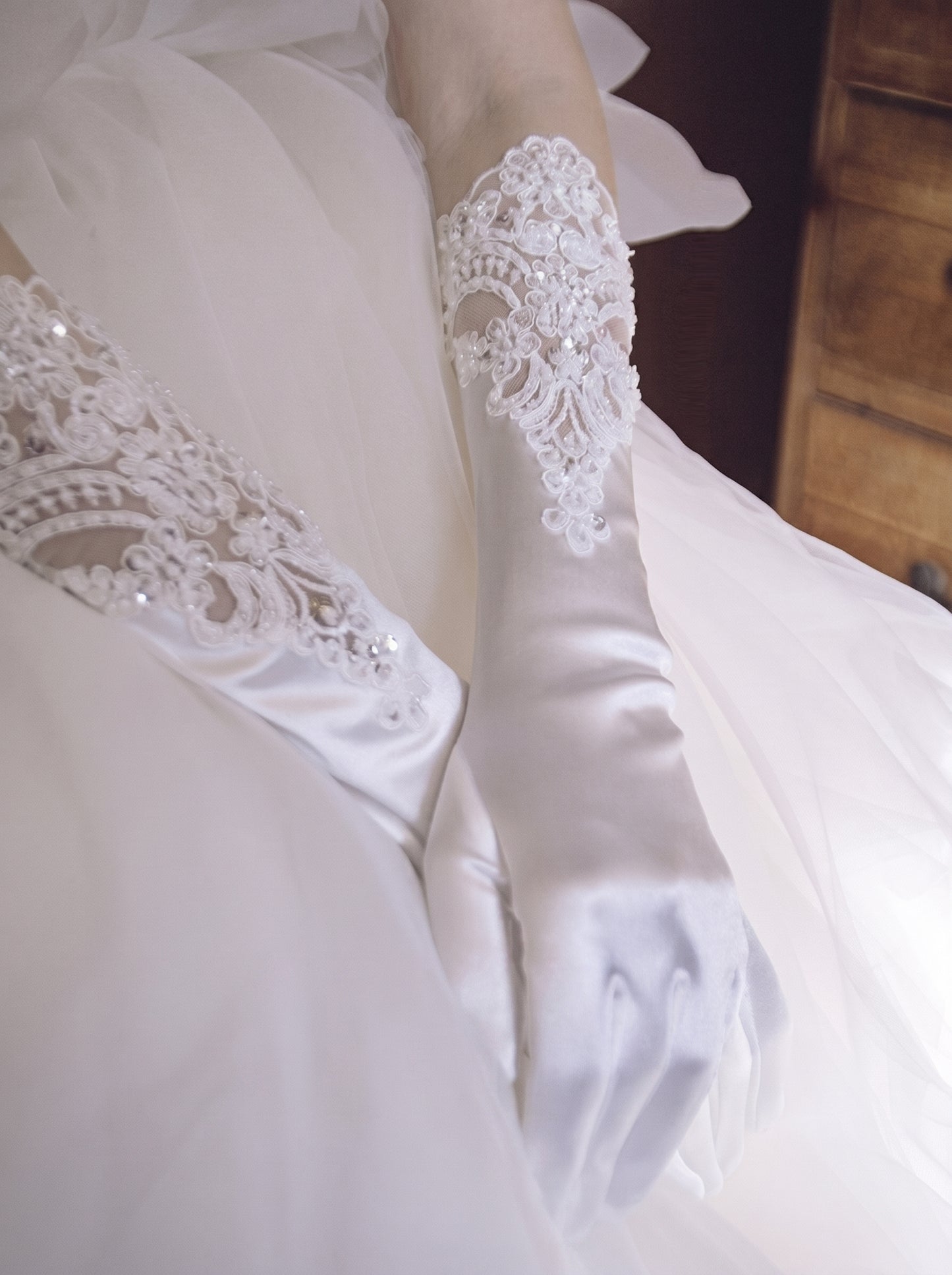 White Stretch Satin Bridal Gloves - 37cm Below Elbow Length Wedding Gloves with Cutout Guipure Lace - Heavy Hand-Beaded Shimmering Sequins Opera Mittens LUNA-X307