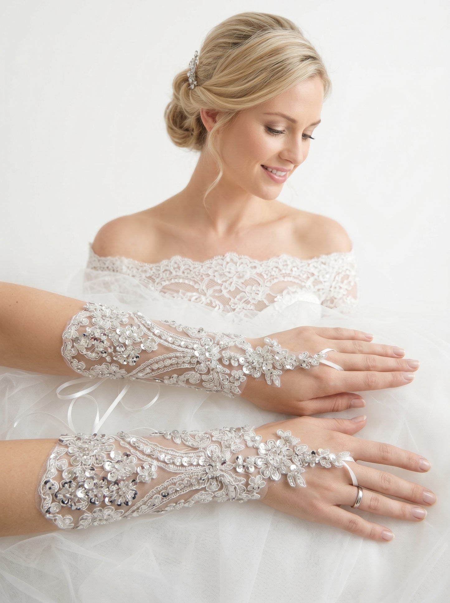 Sparkling Sequin Bridal Lace Gloves - Fingerless Wedding Gloves with Ring Loop - Luxury Beaded Applique Corset Bridal Mitts LUNA-X336