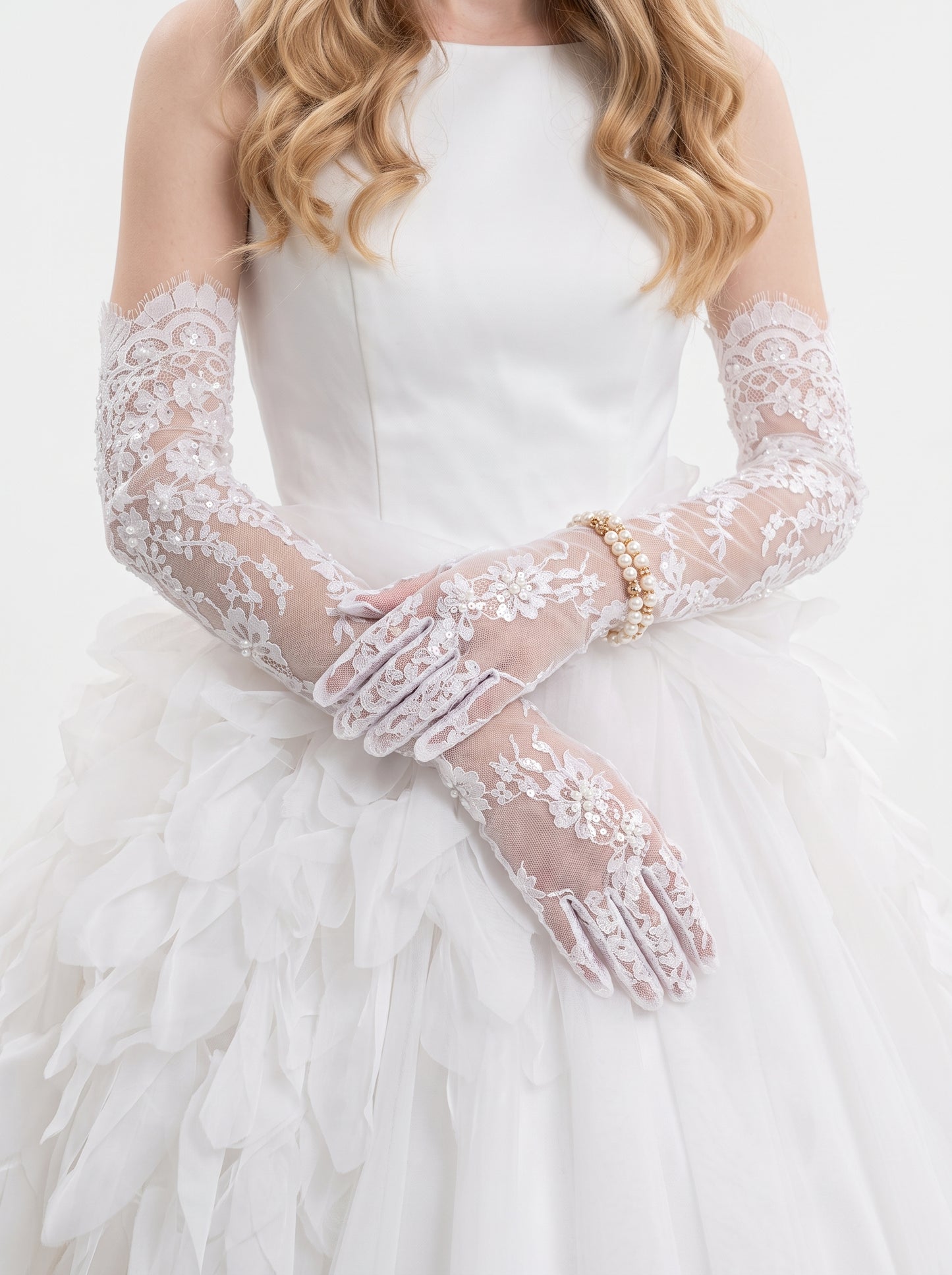 French Eyelash Lace Bridal Gloves - 60cm Long Over-the-Elbow Beaded Wedding Gloves - Luxury Hand-Stitched Pearl Floral Opera Gloves for Bride & Photo Shoot LUNA-X309