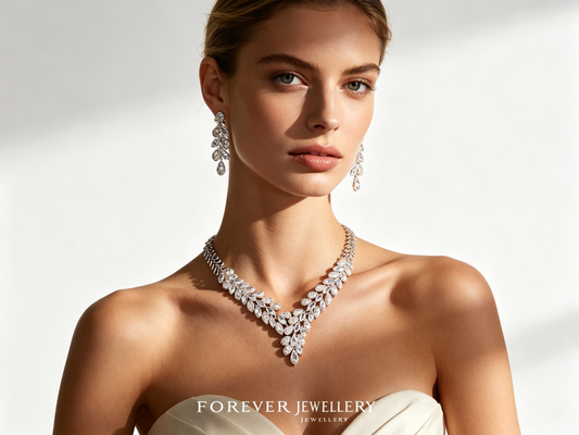 Luxury Leaf Vine V-Necklace & Earring Set - Platinum Plated AAA Zircon Bridal Jewelry LUNA-X147