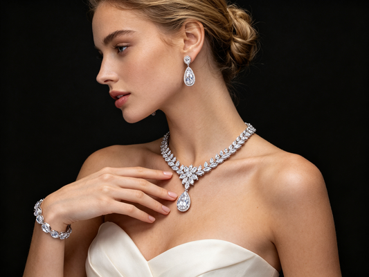 Imperial Teardrop and Marquise Crystal Bridal Jewelry Set - Luxury Statement Necklace Chandelier Earrings and Tennis Bracelet - Premium 3-Piece Wedding Banquet Ensemble LUNA-X130