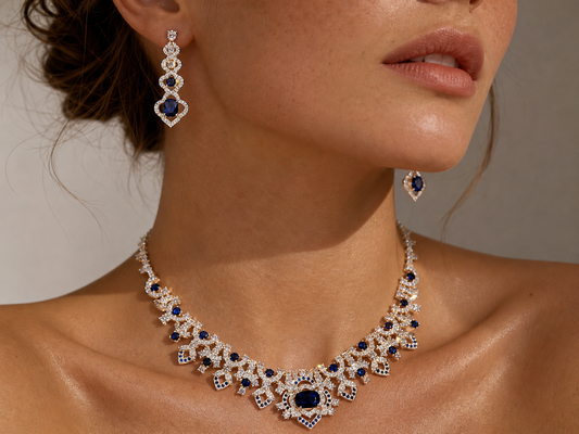 Vintage Baroque Sapphire Blue Wedding Jewelry Set, Radiant CZ Cluster Necklace & Dangle Stud Earrings Gift Set for Bride & Gala LUNA-X174