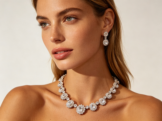 Luxury Geometric Cluster Bridal Jewelry Set, Platinum Plated AAA Zircon Marquise Tennis Necklace & Fluid Drop Earrings Duo for Wedding, Prom & Gala LUNA-X158