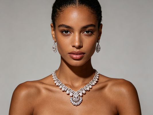 Royal V-Shaped Imitation Pearl Bridal Jewelry Set, Luxury Platinum Plated AAA Zircon Teardrop Choker Necklace & Marquise Statement Earrings Set LUNA-X166